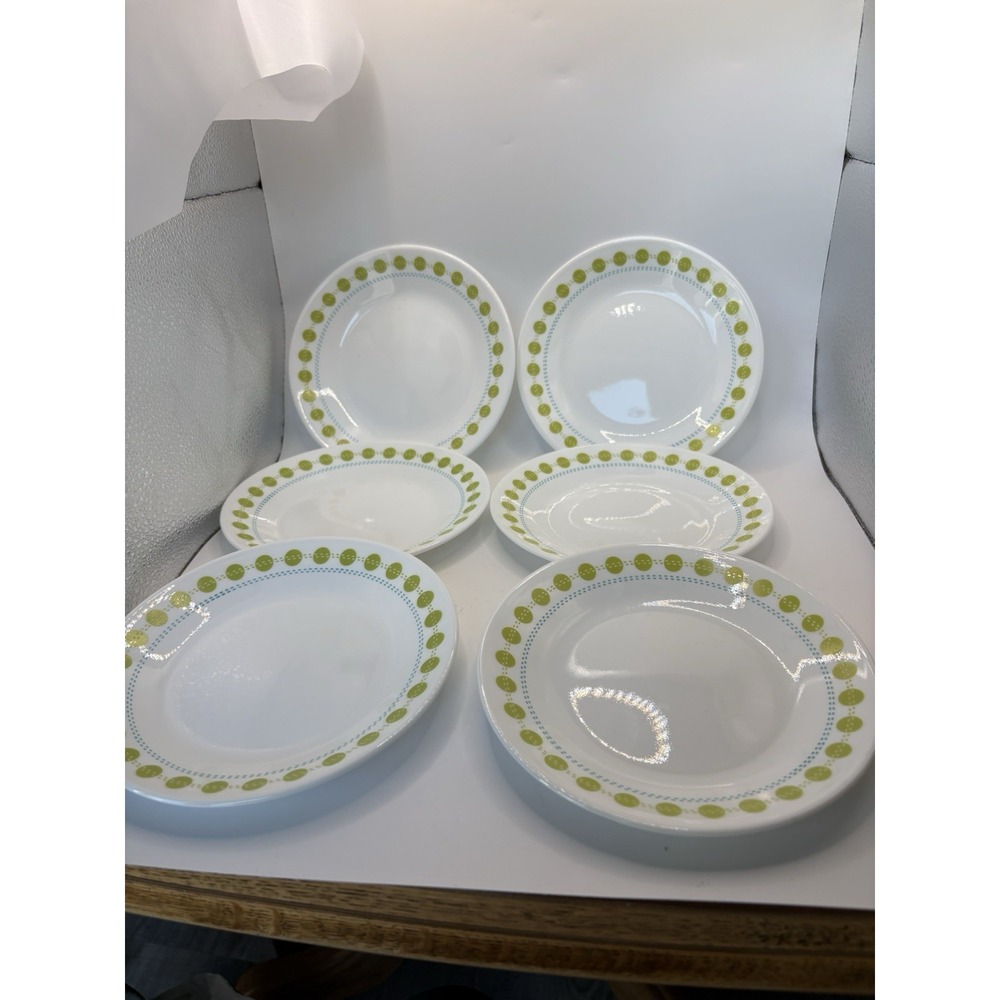 Corelle South Beach Dessert Plates Green Polka Dots Set Of 6 VGUC 6 3/4" Clean